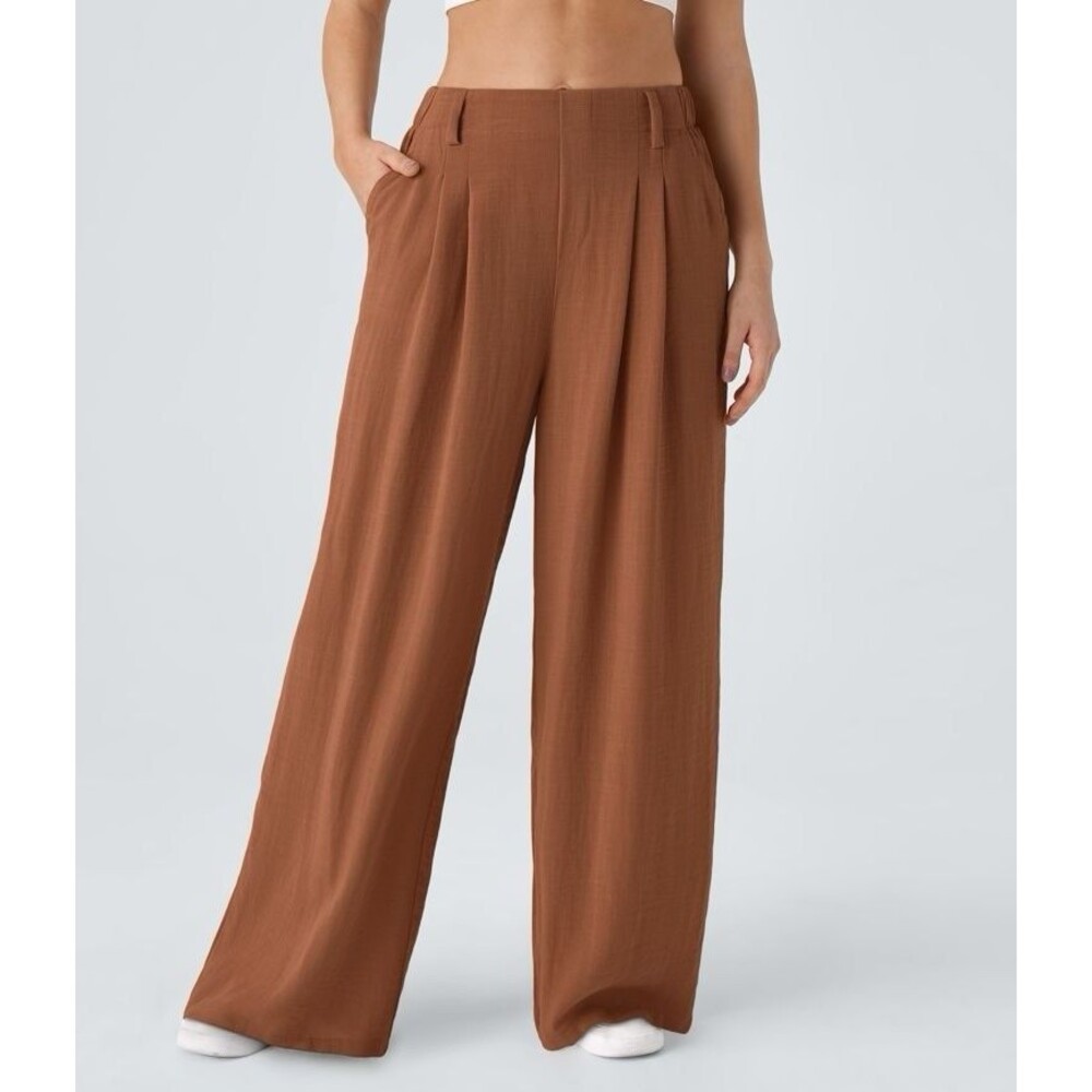 Halara Wide Leg Pant Women’s Large Tall Pleated High Waisted Palazzo Linen-Feel